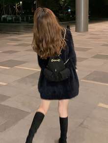 舒适蓬松柔软休闲外套，新款秋冬V领针织衫，仿貂毛质感 - 黑色 - 查看 3