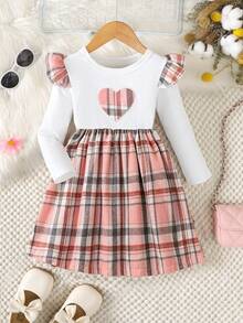 Niedliches kariertes Mädchenkleid mit Herz-Stickerei für Frühling und Herbst