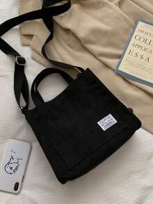 New Corduroy Canvas Tote Bag, Women's One Shoulder Crossbody Handbag, Korean Style Small Square Bag - Black - View 7