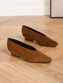 Chaussures carrées à talon épais, automne/hiver, à enfiler, avec tige haute. Élégantes et confortables pour les fêtes, les banquets, les vacances, le casual et le travail. Chaussures plates  synthétique couleur chamois pour femmes - Camel - Voir 6