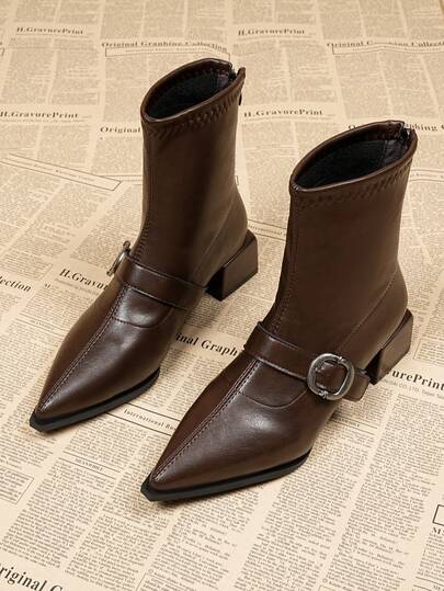 2025 Autumn/Winter New Stylish French Pointed Toe High Heel Ankle Boots For Women, Brown Leather Slim Fit Chunky Heel Zipper Back Fashion Versatile Elegant Short Boots