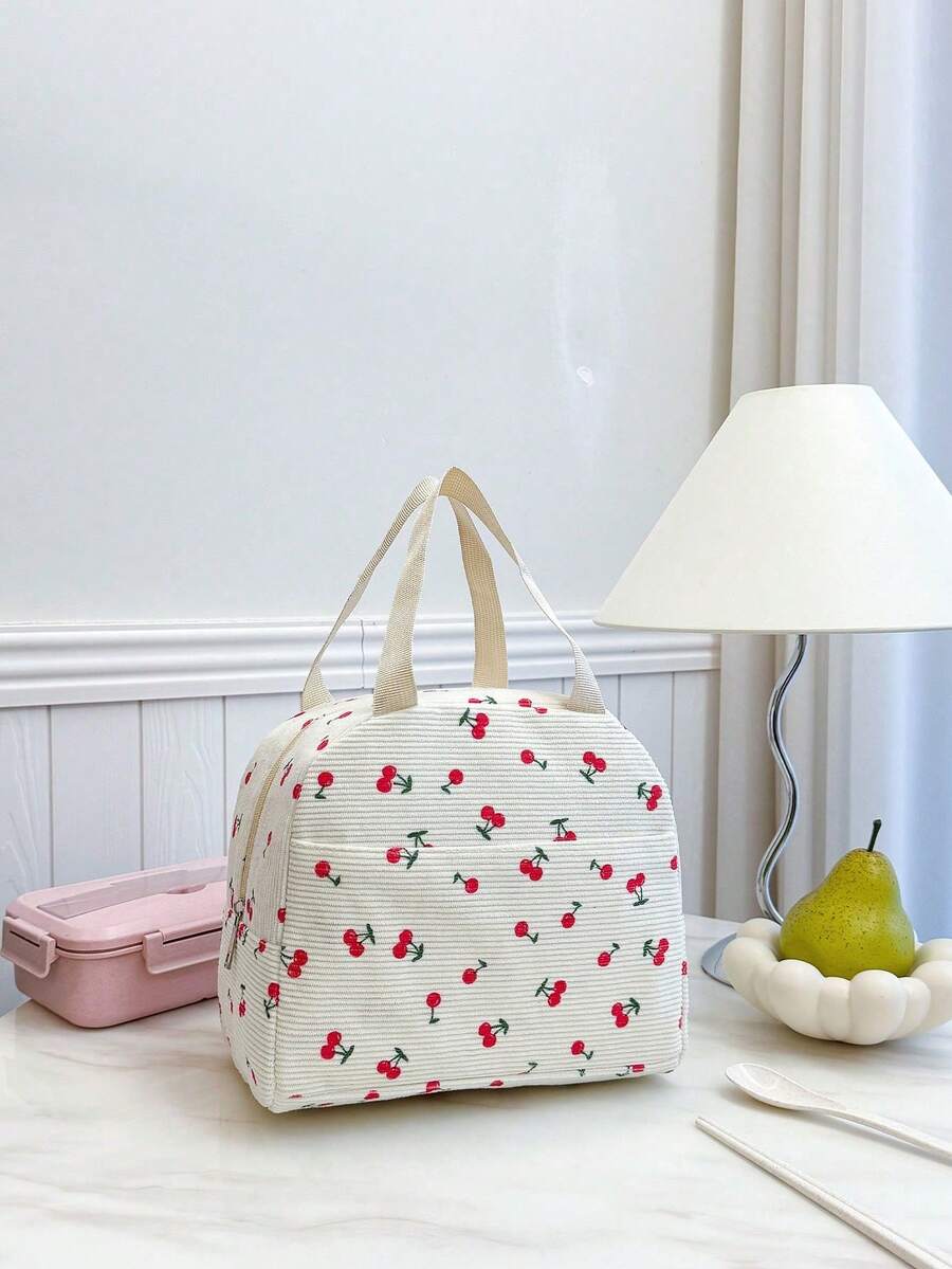 Portable Insulated Lunch Bag; Thickened Cute Lunch Fruit Bag For Students; Pink Asymmetrical Bow Heart Print - Beige - View 1