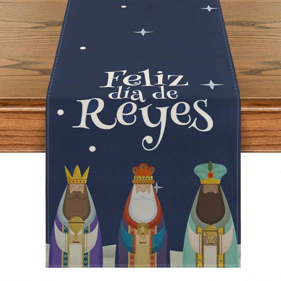 1pc Epiphany Table Runner, Three Kings Day Decorative Table Runner, Three Wise Men, Three Magi, Three Kings And Stars, Multiple Sizes Available, Table Runner, Table Decoration, Table Cloth, Home Decor, Dining Table Decor, Fireplace Mantel Scarf, Glass Door & Window Valance, Entryway Decor - Blue - View 1