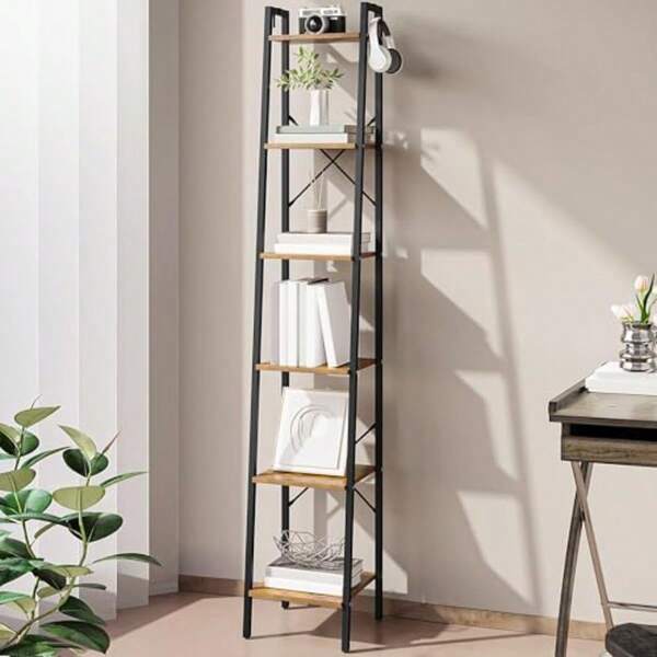Ladder Shelf Bookshelf Bookcase Freestanding Corner Storage Shelve With 2 Hooks For Home Office Living Room Kitchen Bedroom Industrial 6Tier Rustic Brown BC13301B