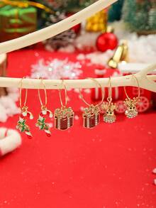 3 pares de pendientes colgantes con diseño de reno de Navidad, bastón de caramelo y caja de regalo para mujer, estilo clásico y lindo, chapado en oro de 18K, con detalles de rhinestone, de aleación de zinc y ganchos de hierro, perfectos para celebraciones navideñas y de invierno
