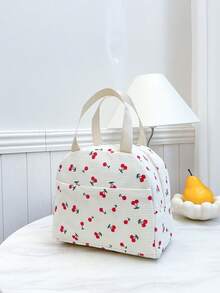 Portable Insulated Lunch Bag; Thickened Cute Lunch Fruit Bag For Students; Pink Asymmetrical Bow Heart Print - Beige - View 7
