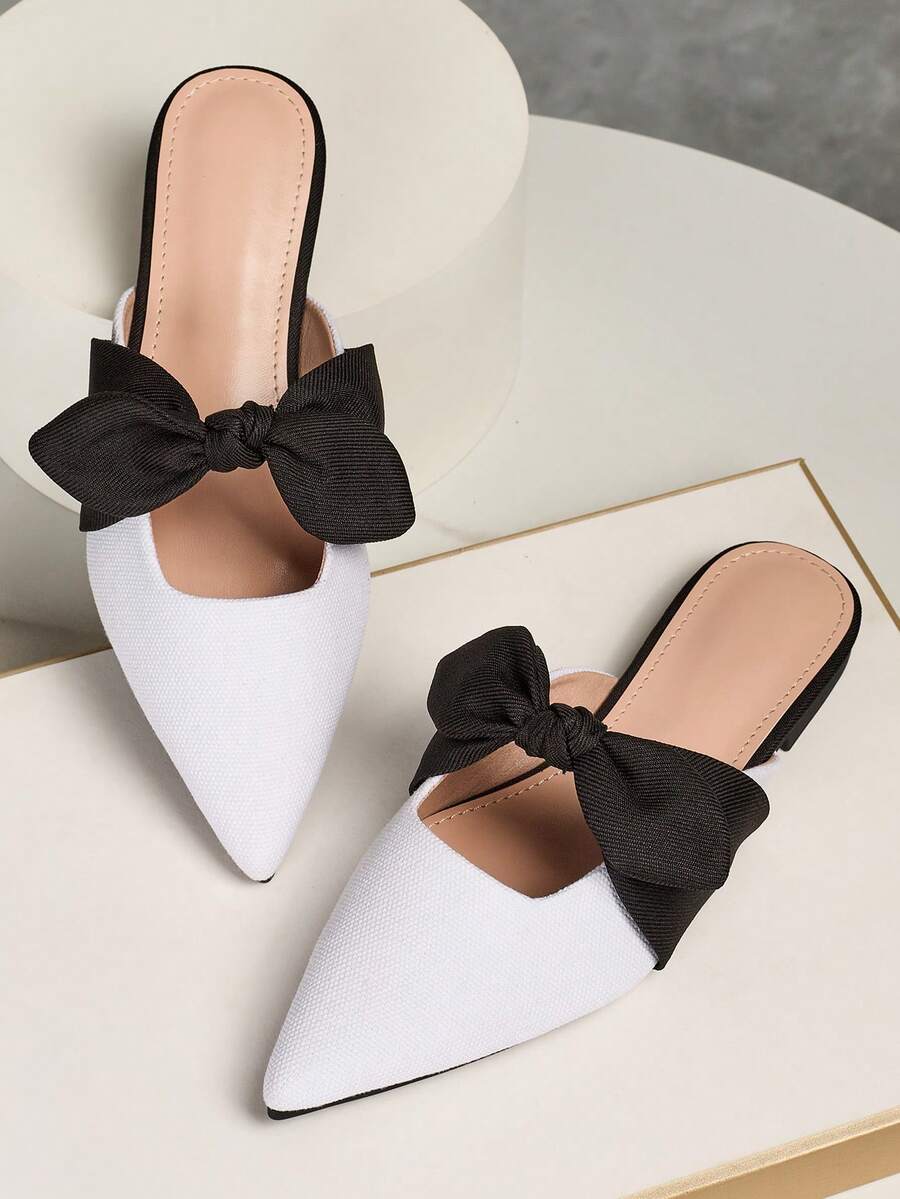 New Casual Bow Slip-On Flats For Women, Pointed Toe Mule Shoes, Color Block Patchwork, Cute Hollow-Out, Versatile For Outdoor Wear, All Seasons - White - View 1