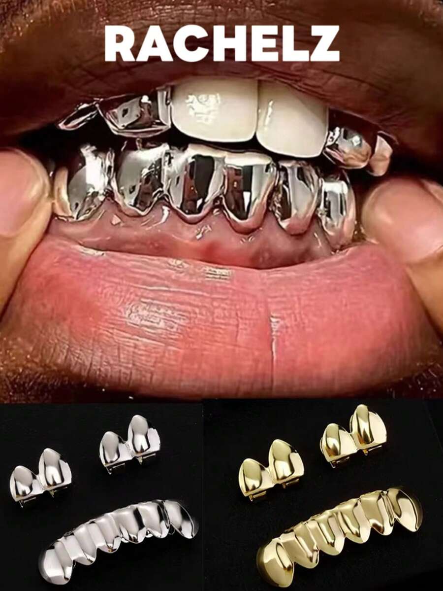 RACHELZ DIY 3PCS/Set Glossy Teeth Grillz Hip Hop Gold Silver Color Top Bottom Tooth Caps For Women Men Dental Jewelry Halloween Cosplay Gift - Silver - View 1