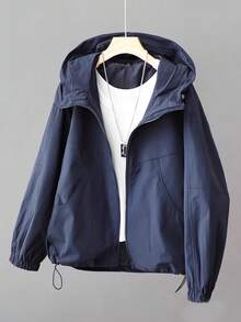 女士休闲连帽宽松外套，军装风防风衣 - 藏蓝色 - 查看 1