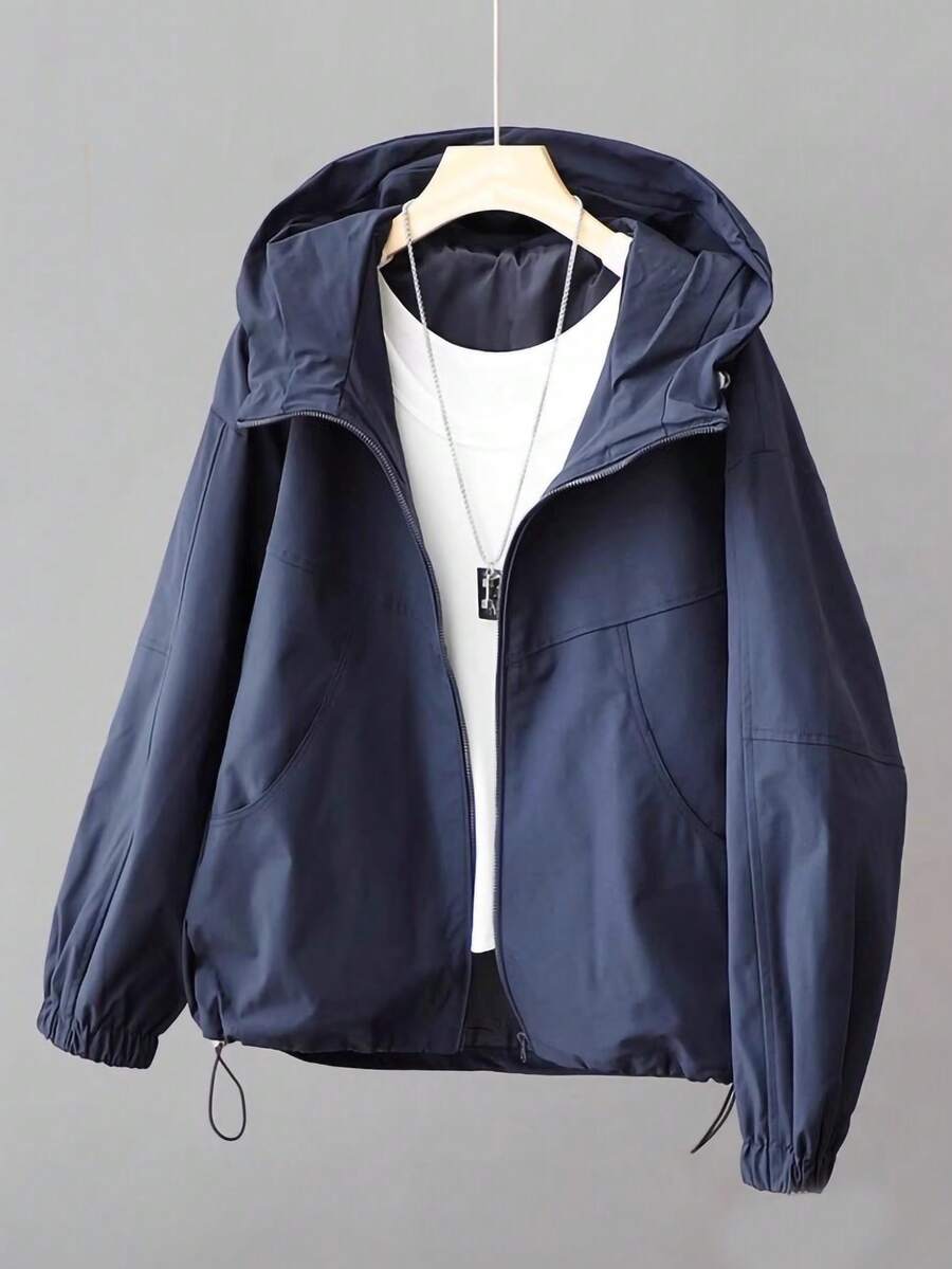 女士休闲连帽宽松外套，军装风防风衣 - 藏蓝色 - 查看 1