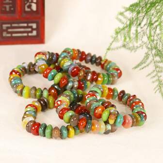 1pc Natural Agate Multi-Color Beaded Bracelet, Suitable For Daily Wear By Men And Women