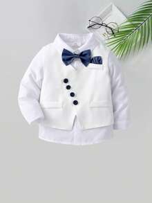BOARNSEORL 男婴绅士套装三件套 - 白色蝴蝶结衬衫、马甲和裤子，时尚有型，适合生日派对、婚礼、洗礼、周年纪念等场合。