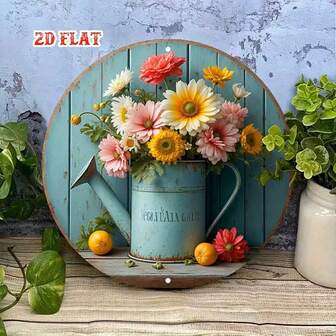2D Flat, 1pc Rustic Charm Metal Tin Sign - Vintage Floral Design With Vibrant Flowers, 7.87x7.87 Round Wall Art For Home, Garage, Cafe, Or Dining Room Decor, Country Style Metal Wall Decor, Metal Wall Decor, Perfect For Room Decor