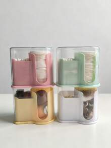 1 pieza Caja de almacenamiento de cosméticos de escritorio, soporte para bastoncillos de algodón y almohadillas desmaquillantes. Caja de almacenamiento de accesorios para el cabello, con tapa a prueba de polvo y diseño apilable, con abertura en forma de U para un fácil acceso, adecuada para almacenar algodón, desmaquillante, lápiz labial, accesorios para el cabello, se puede usar en el tocador o en el mostrador del baño, disponible en varios colores.