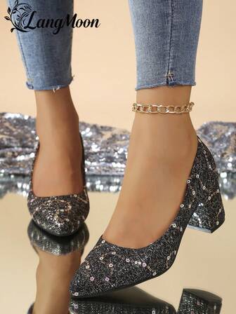 LangMoon 2026 新款黑色亮片粗跟高跟鞋 - 舒适百搭的性感设计，闪亮亮片点缀，尽显欧美性感魅力，适合派对、聚会、夜生活和休闲时尚造型，优质柔软鞋垫，不勒脚，女士高跟鞋，适合婚礼季和各种节日穿着。
