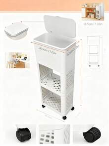 一款三层多功能厨房垃圾桶，带盖带轮 - 加厚塑料材质，经久耐用 - 可移动物品收纳架 - 适用于厨房、客厅、卧室和浴室物品收纳 - 节省空间设计