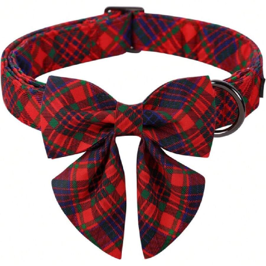 Christmas Dog Collar With Cute Plaid Bowtie - Adjustable Comfortable Bow Witetal Buckle,26170760 - 芥末黃 - 查看 1