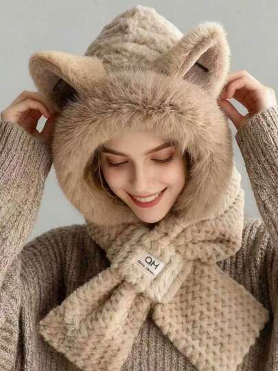 1pc Or 2pcs Unisex Solid Color Fox Ear Hat & Scarf Set, Cute Plush Thickened Warm Hooded Scarf, Suitable For Daily Outings, Skiing, Matching Clothes, Etc.