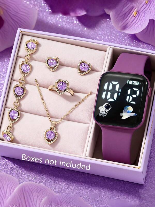 6/1 Set Girls Cheap Elegant Classic LED Digital Display Square Electronic Watch Set. Suitable For Girls. Comes With Jewelry Bracelet, Necklace, Ring And Earring Set. Suitable For Students. Great For Daily Use, Such As Back To School, Parties And Travels. Ideal Christmas, Birthday, Graduation Gift For Teenage Girls And Mother