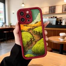 Cubierta de teléfono con borde negro diseño de paisaje rural campo verde y sendero de madera para uso diario en cafeterías y espacios exteriores Aplicable a los teléfonos de la serie Apple y Galaxy - Negro - Ver 5