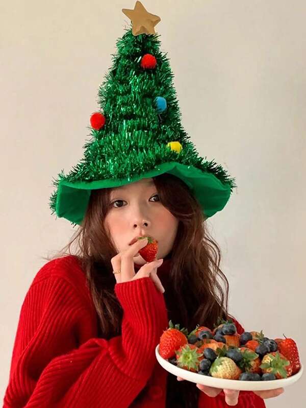 Christmas Tree & Santa Hat Decorative Headwear, Adult & Kids Christmas Party Costume Accessories, Holiday Party Decoration Hats, Photo Props With Tinsel