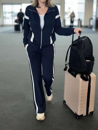 Conjunto informal de 2 piezas para mujer, chaqueta de manga larga holgada con empalme y contraste de color + pantalones rectos de pierna con rayas y contraste de color