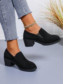 Women's Retro Black Suede Chunky Heel Loafers, Fashionable Comfortable Slip-On Round Toe Shoes, Classic Casual Commute Chunky Heel Thick Sole Shoes - Black - View 11