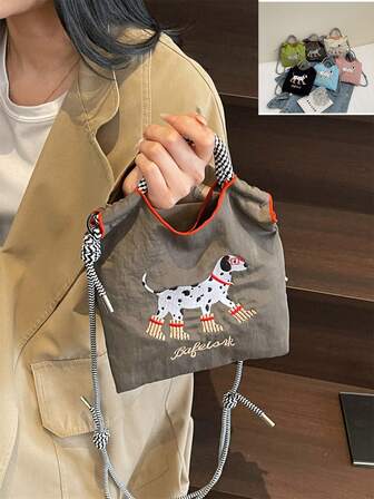 日本原装腋下购物袋，精致刺绣，防水尼龙手提包，女士手提包/单肩包，可拆卸肩带，小狗和波点图案