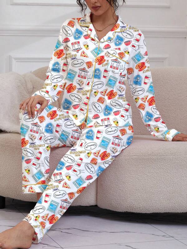 Gilmore Girl 2pcs Sleepwear Set, Soft Fabric, Fashionable & Beautiful Outfit, Comfortable Shirt Collar Long Sleeve Top And Elastic Waist Pants, Suitable For Holiday Party, Casual Outdoor And Homewear