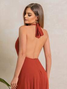 Yasmin Halter Neck Long Dress With Tie Straps, Wedding And Graduation Party Dress, Flowing Long Skirt With Lining And Slit, NM Nana Marie - 紅陶 - 查看 5
