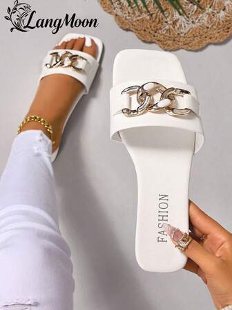 LangMoon 2026 New White Women's Fashion Slide Sandals Collection, Featuring Luxury Chain & Rhinestone Details And Various Stylish Designs, Creating A Modern Appearance With High-Quality Leather Feel And Comfortable Flat Soles. Solid Color, Versatile, Fashionable, Sexy, Elegant And Cute. Comfortable And Suitable For Daily Wear, Vacation, Home, Commute, Party, And More. Ideal For Wedding Season, Halloween, Christmas,