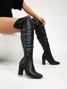 秋冬女士时尚粗跟短靴，多功能拉链优雅尖头性感派对踝靴，秋季，高跟鞋 - 黑色 - 查看 5