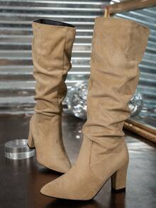 秋冬女装时尚尖头褶皱高跟靴，粗跟 - 駝色 - 查看 6