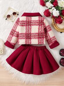 女婴可爱领长袖蝴蝶结装饰双口袋纽扣开衫配半裙，红色，优雅时尚两件套，适合情人节、生日、节日派对、日常穿着 - 彩色 - 查看 3