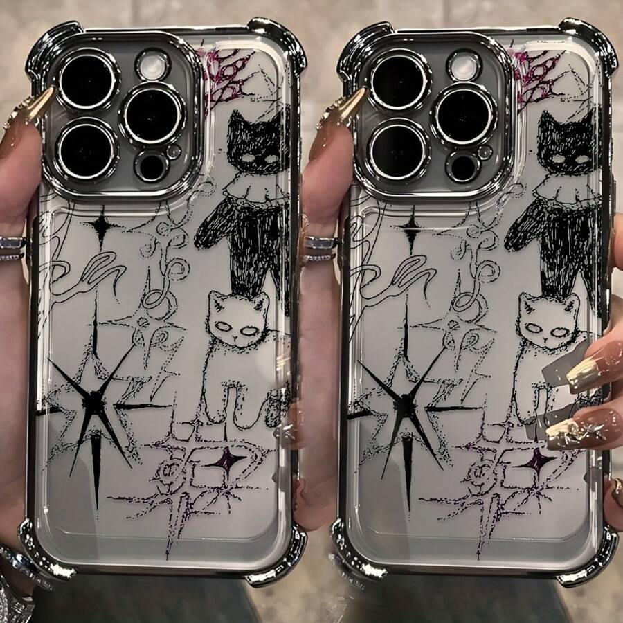 Clmj Y2K Coole Cats Phone Case Compatible With IPhone 16 15 14 13 12 11 Pro Max X XR XSMAX 8 7 Plus Electroplated, Shockproof, Transparent Soft Back Cover - 黑色 - 查看 1