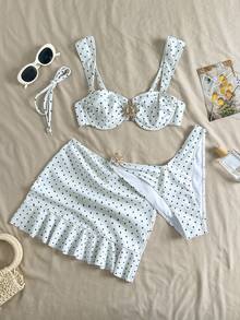 3 件波点比基尼套装，宽肩带设计，带钢圈，提供舒适支撑，时尚海滩风格，非常适合夏季海滩和泳池派对