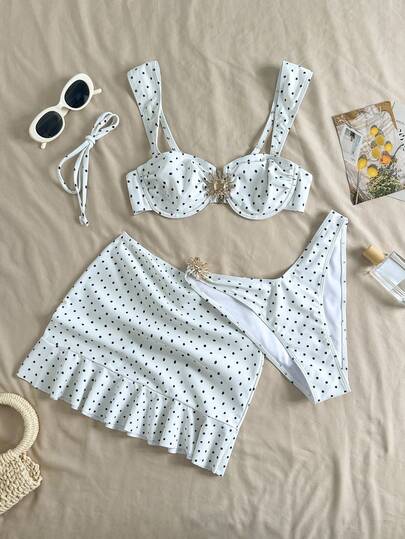 Bộ bikini chấm bi 3 món, thiết kế dây đeo rộng có gọng nâng đỡ thoải mái, kiểu dáng thời trang đi biển, hoàn hảo cho kỳ nghỉ hè ở bãi biển và hồ bơi.