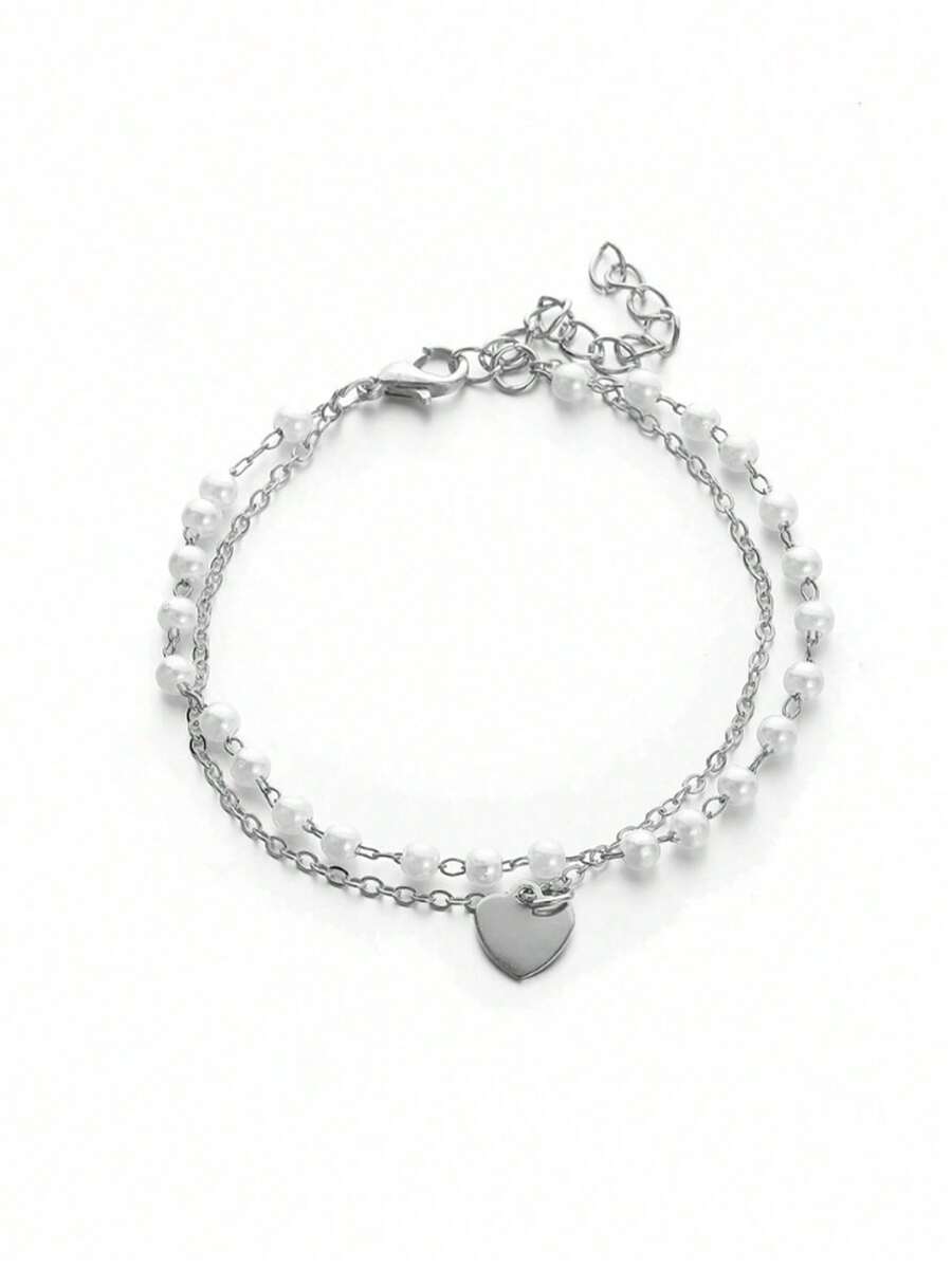 1pc Versatile Women Faux Pearl Double Layer Chain Pendant Bracelet, Suitable For Commute, Everyday & Dating - Silver - View 1