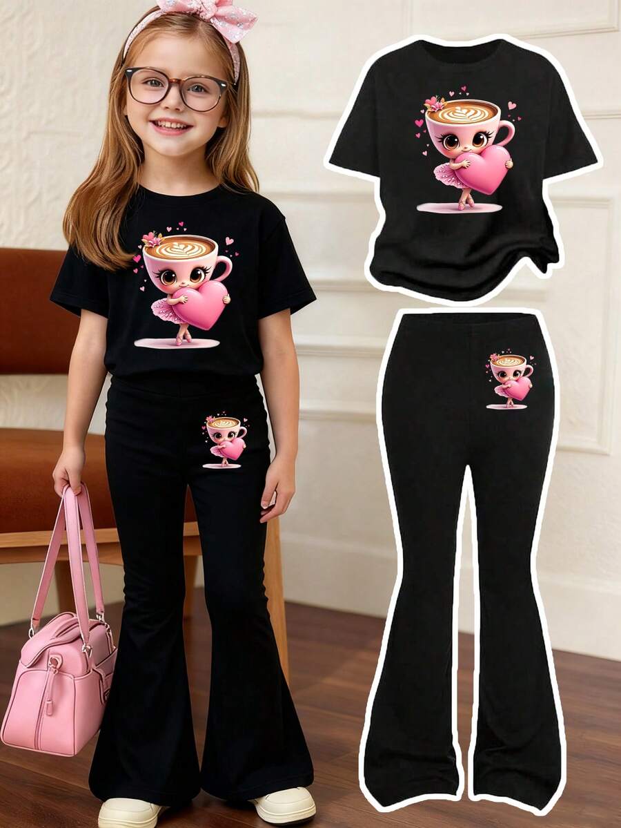 Toddler Girls' Cartoon Print Short Sleeve Top And Skinny Flared Pants Set - Black - View 1