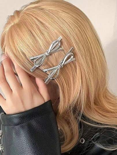 1个/2个 3.14英寸/8厘米 银色金属蝴蝶结发夹，简约优雅公主风，适合女性日常发型、化妆、通勤、度假、上学、派对、节日礼物、发爪、发夹、发卡、头饰、女士发饰