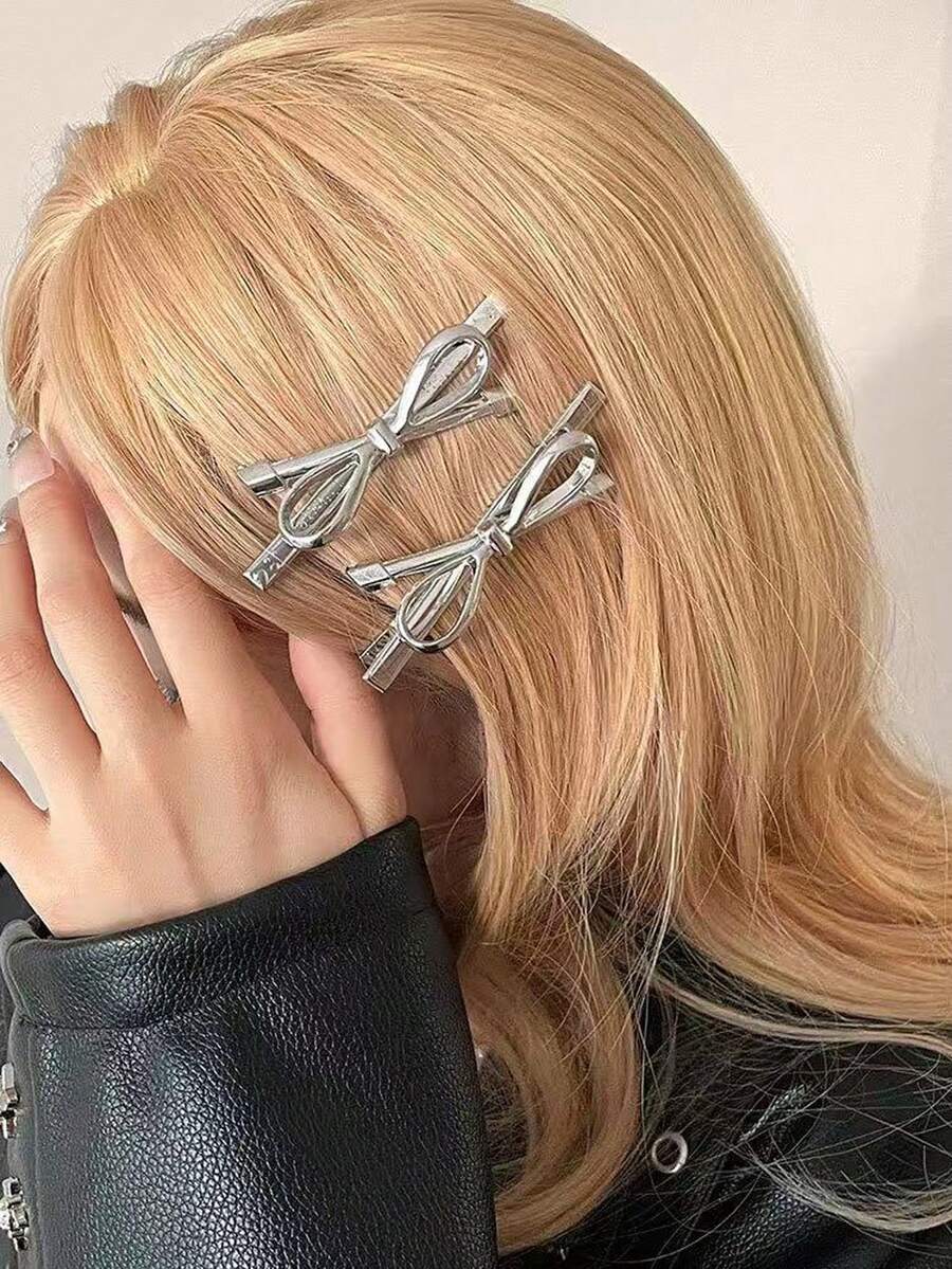 1个/2个 3.14英寸/8厘米 银色金属蝴蝶结发夹，简约优雅公主风，适合女性日常发型、化妆、通勤、度假、上学、派对、节日礼物、发爪、发夹、发卡、头饰、女士发饰 - 純色 - 查看 1