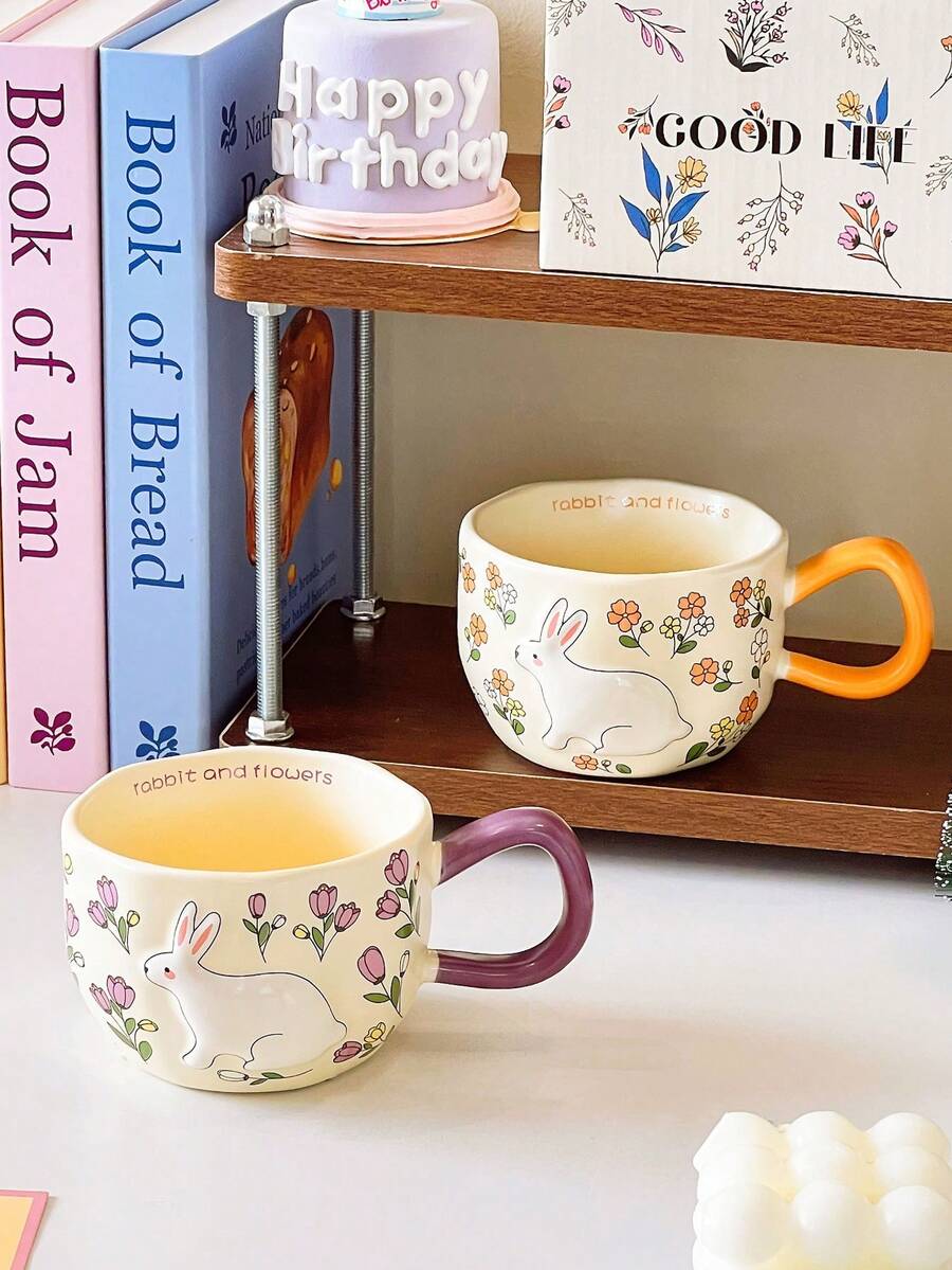 1 cană ceramică cu model floral colorat de iepure, cană ceramică adorabilă cu iepure 3D și detalii vibrante pe mâner, potrivită pentru cafea, cereale, decor de primăvară pentru casă și ocazii de Paște
