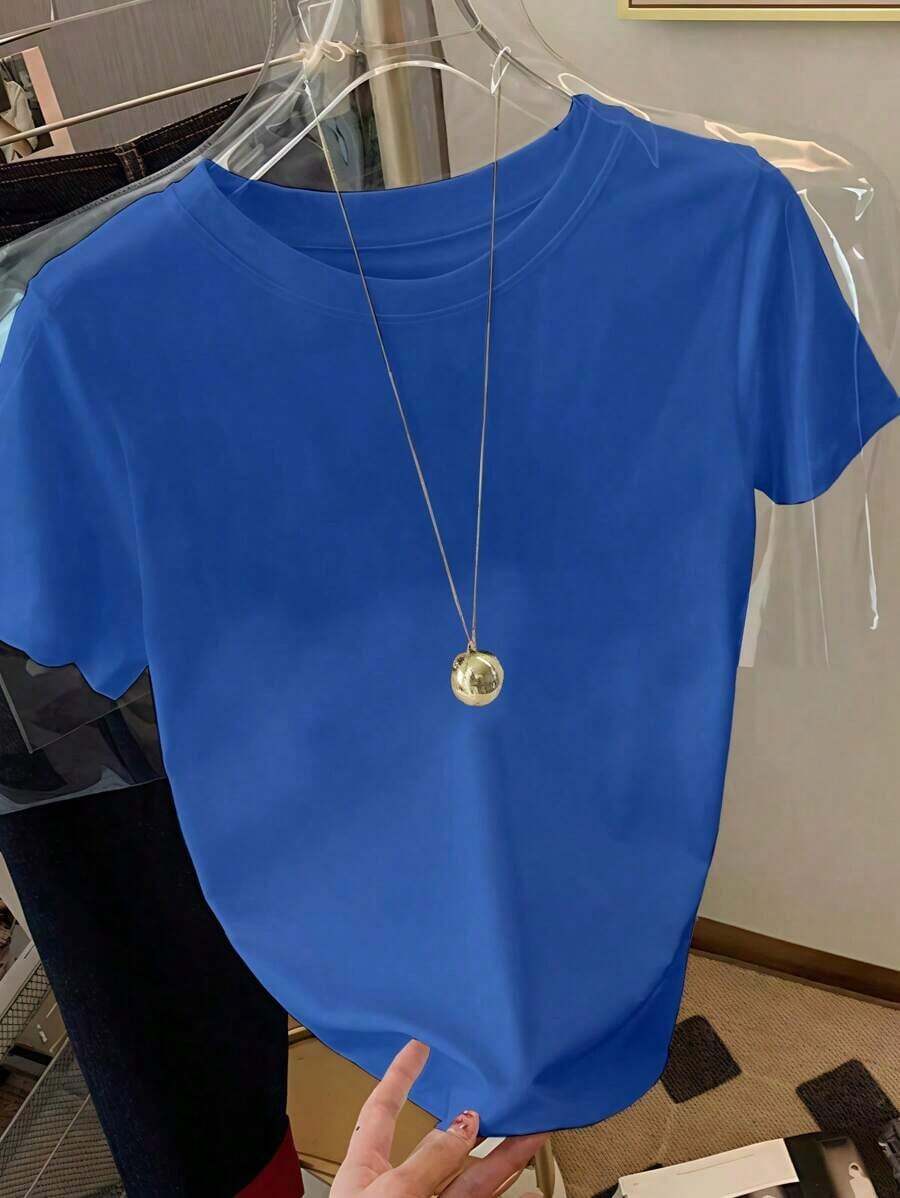 FNI Fusion Women' Plain Casual Versatile Crew Neck Short Sleeve T-ShirtOversized Casual Going Out Tops Women, Perfect - 藍色 - 查看 1