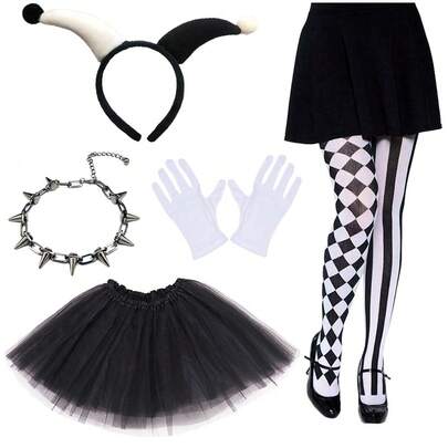 1 Set Punk Costume, Includes Clown Headband, Spiked Choker, Leggings, Black Tutu Skirt, White Gloves, Gothic Punk Cosplay Outfit Suitable For Halloween Party, Carnival, Theme Events, Unique Fun Costume Set With Asymmetric Leggings And Multiple Skirt Options