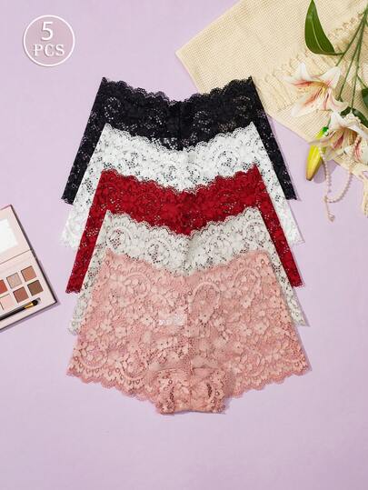 5pcs/Set Sexy Lace Women's Briefs, Semi-Sheer Delicate Floral Pattern, Fashionable High-Waisted Lifting, Skin-Friendly Comfortable Panties, Suitable For Party And Daily Wear