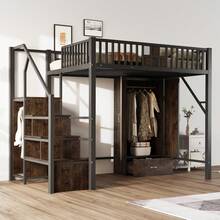 Metal Loft Bed With Designer Wood And Metal Guardrail, Complete Set With Integrated Wardrobe, Drawers And Storage Ladder - Black - View 1
