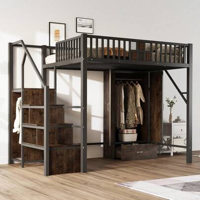 Metal Loft Bed With Designer Wood And Metal Guardrail, Complete Set With Integrated Wardrobe, Drawers And Storage Ladder