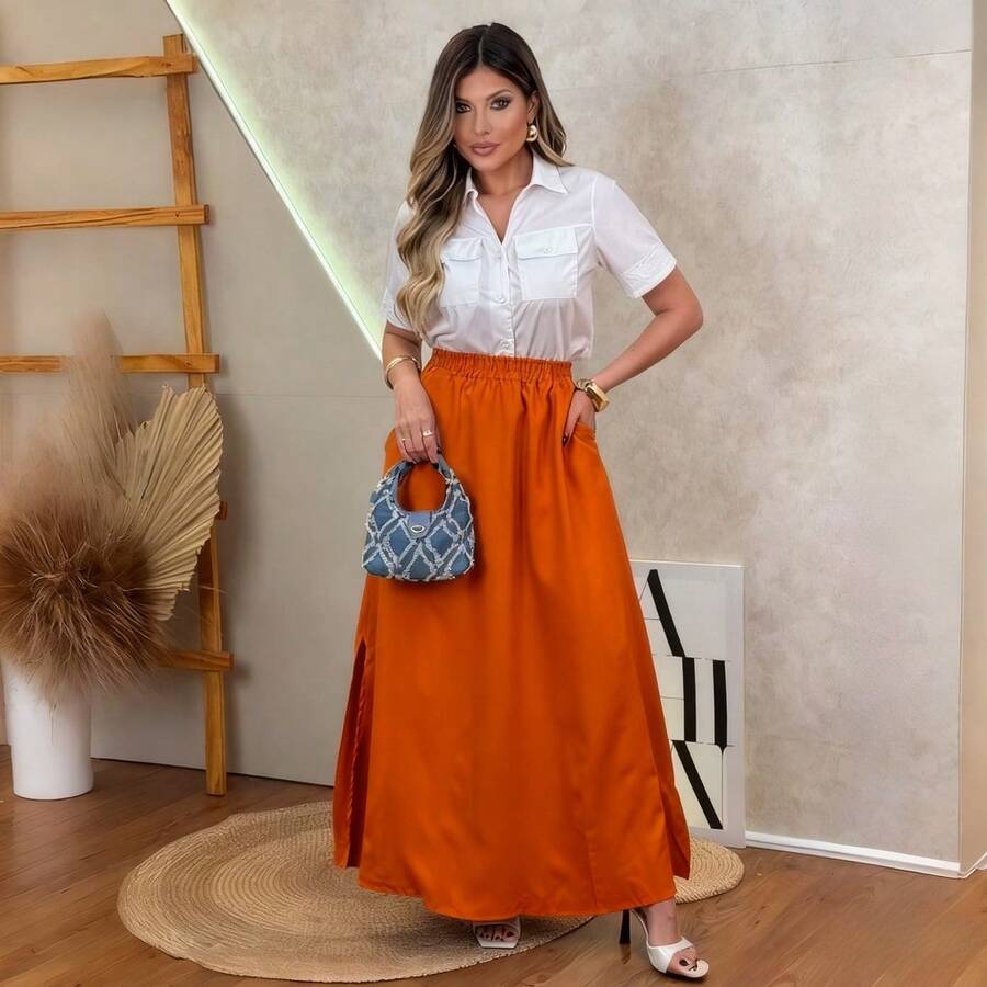 Women's Elegant Long Skirt With Pockets And Slits (One Size) - 橘色 - 查看 1