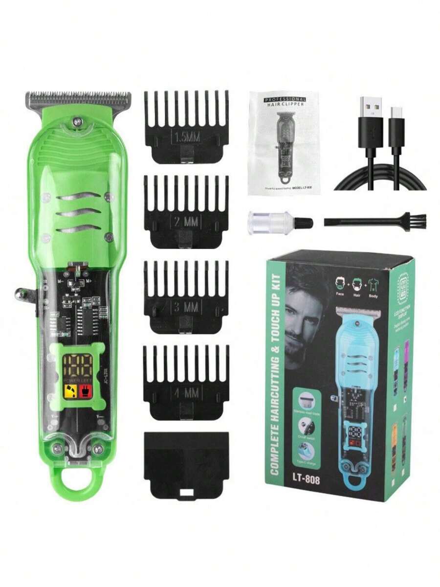 Professional Smart LCD Hair Clipper, Transparent Cordless Electric Shaver For Men - 綠色 - 查看 1