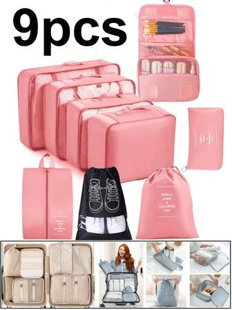 9件套旅行收纳包，大容量防水行李袋，PVC化妆包，护肤品收纳包，可折叠行李收纳包，内衣袋，鞋袋，束口袋，洗漱包，适用于收纳钢笔、眼影刷、卫生巾、口红、化妆刷、眼线笔、唇彩、护肤品、牙刷、香皂、洗发水、梳子、手表、手机、项链、珠宝、电子产品等，女士礼物，圣诞礼物，女士送礼佳品